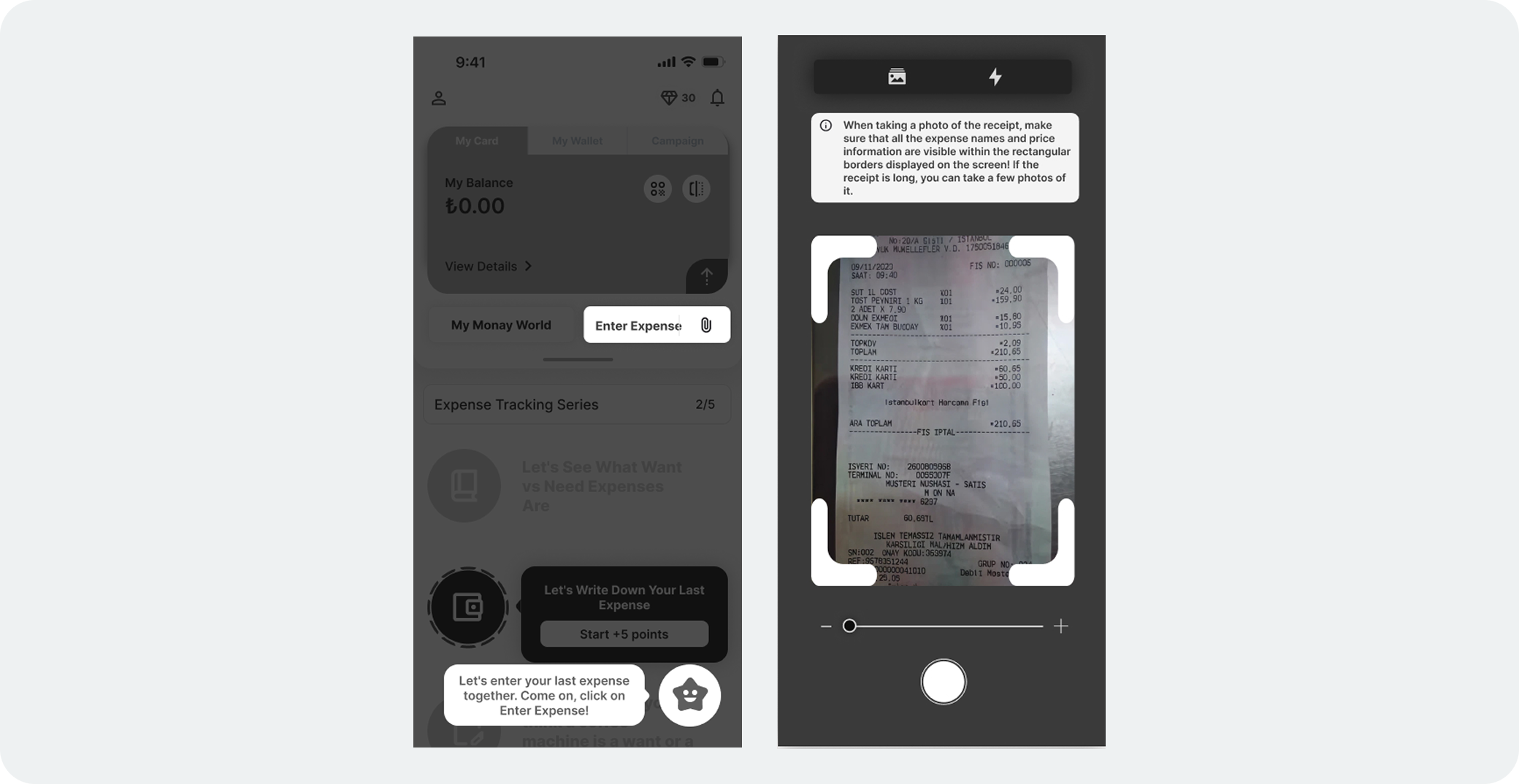 Monevo receipt scanning feature showing dashboard with expense entry modal and camera interface for receipt capture with real receipt visible