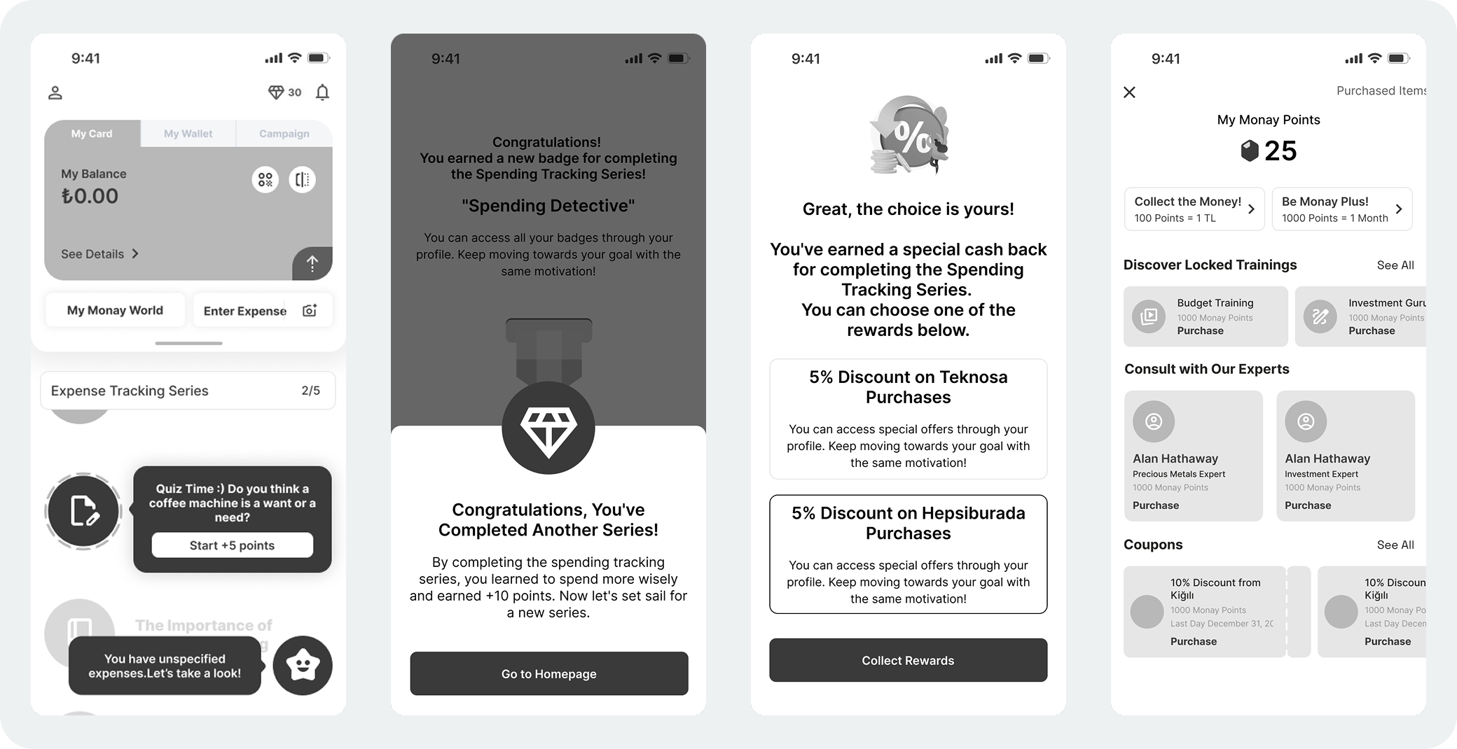 Monevo app screens showing My Monay World dashboard, badge rewards for completing spending tracking series, reward options with discounts, and points system with trainings and expert consultations