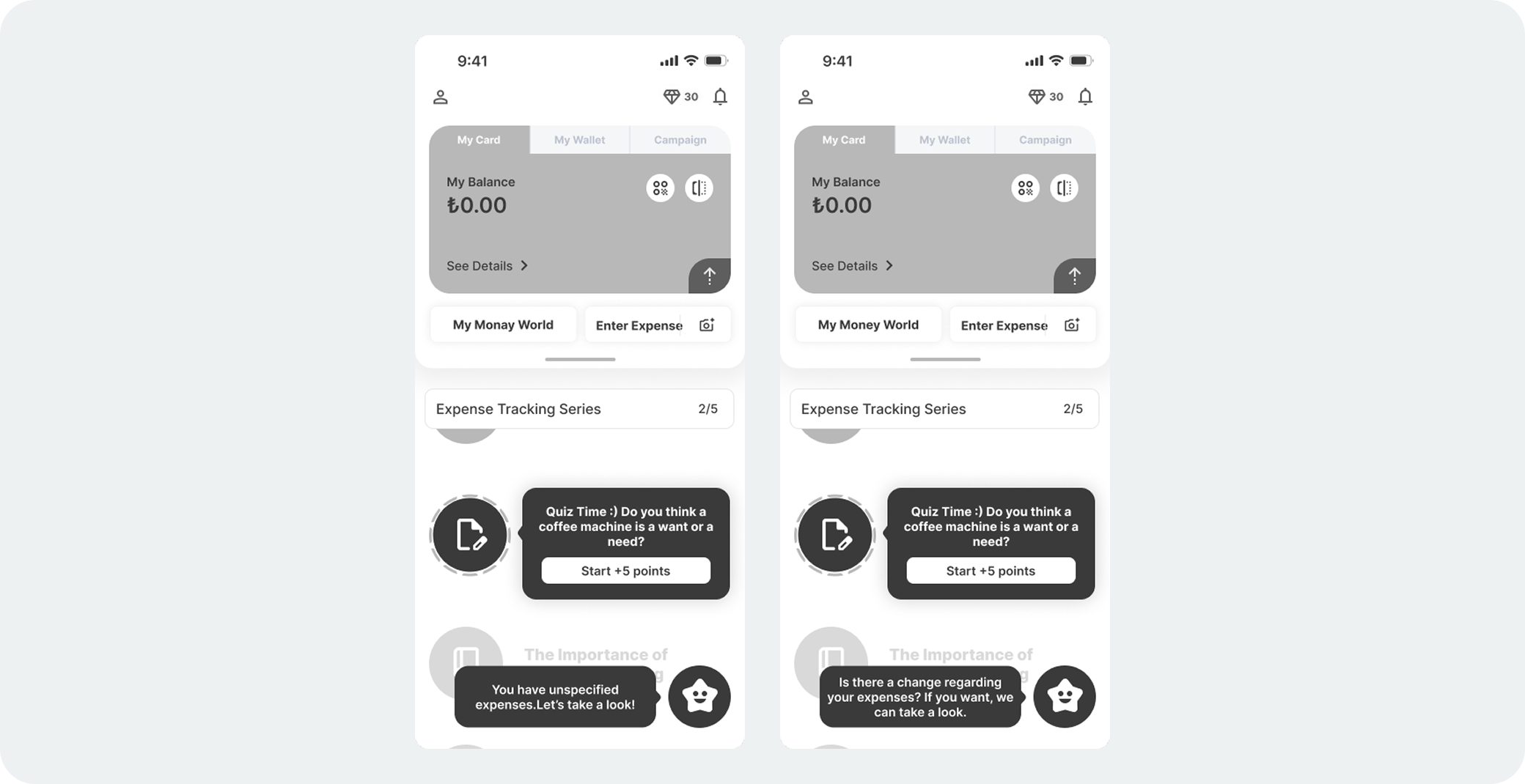 Monevo smart reminders feature showing quiz prompts for expense categorization and notifications for unspecified expenses