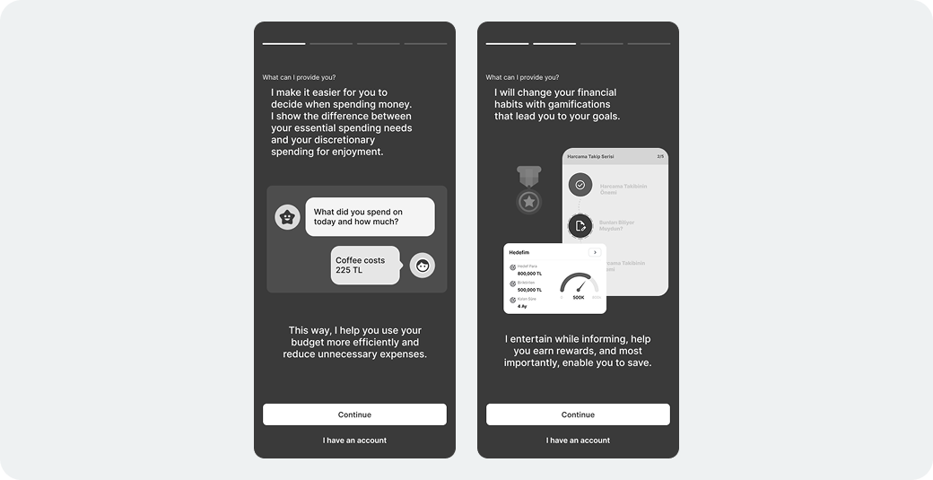 Monevo onboarding screens showing value proposition - left screen demonstrates expense tracking and categorization, right screen shows gamified goal-setting and rewards system