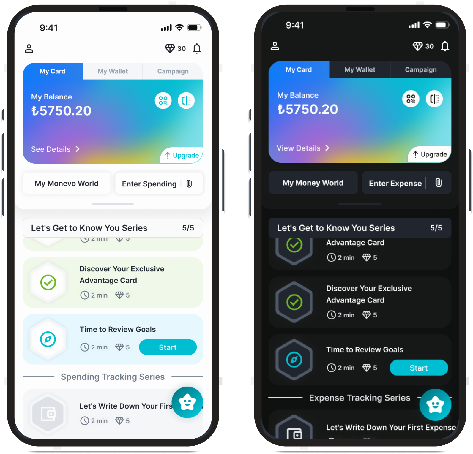 Monevo app interface showing light and dark mode dashboards with balance information and gamified task series