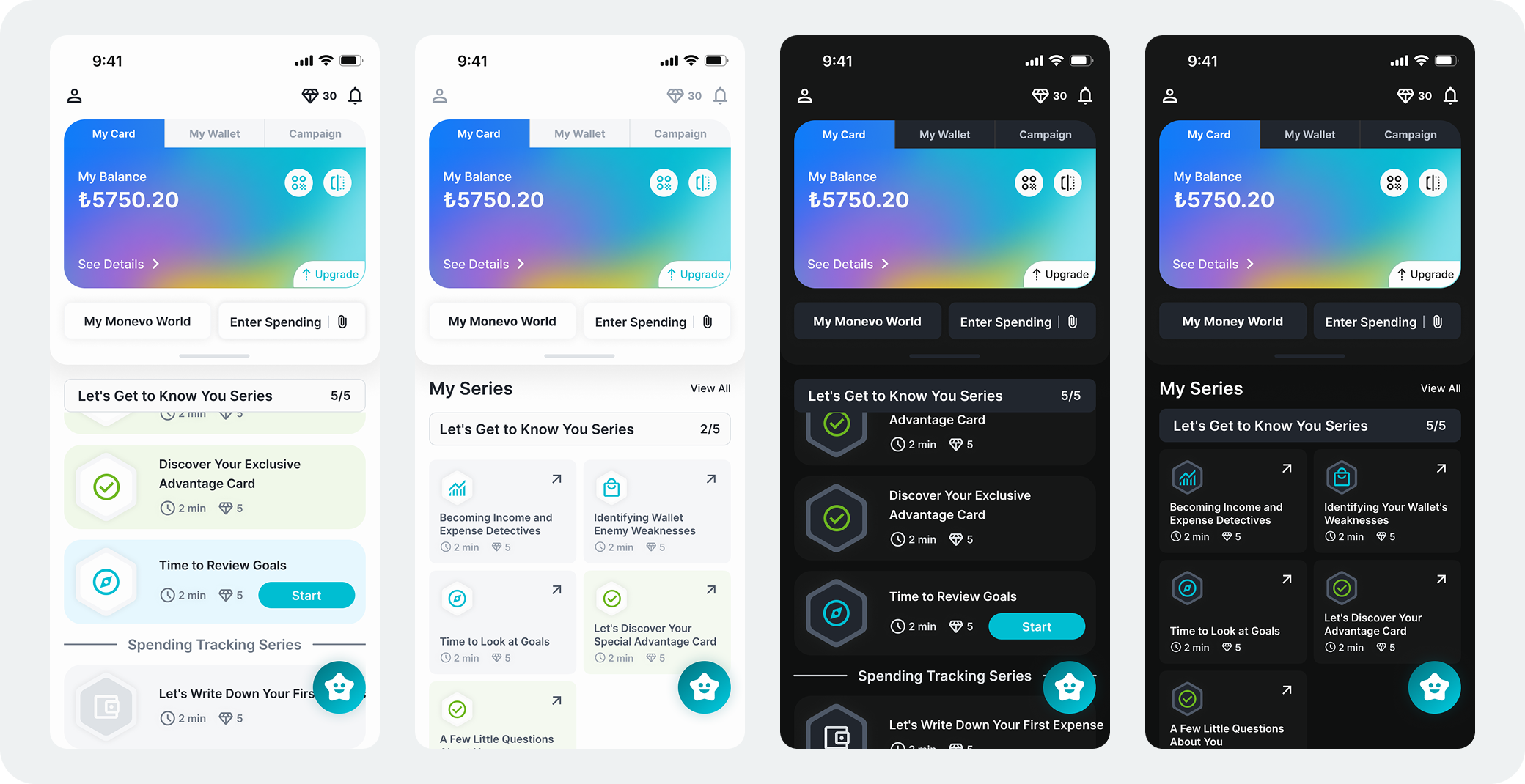Monevo app showing two homepage variants - Sequential Tasks with step-by-step progression on the left, and Open Tasks with all options visible in both light and dark mode on the right