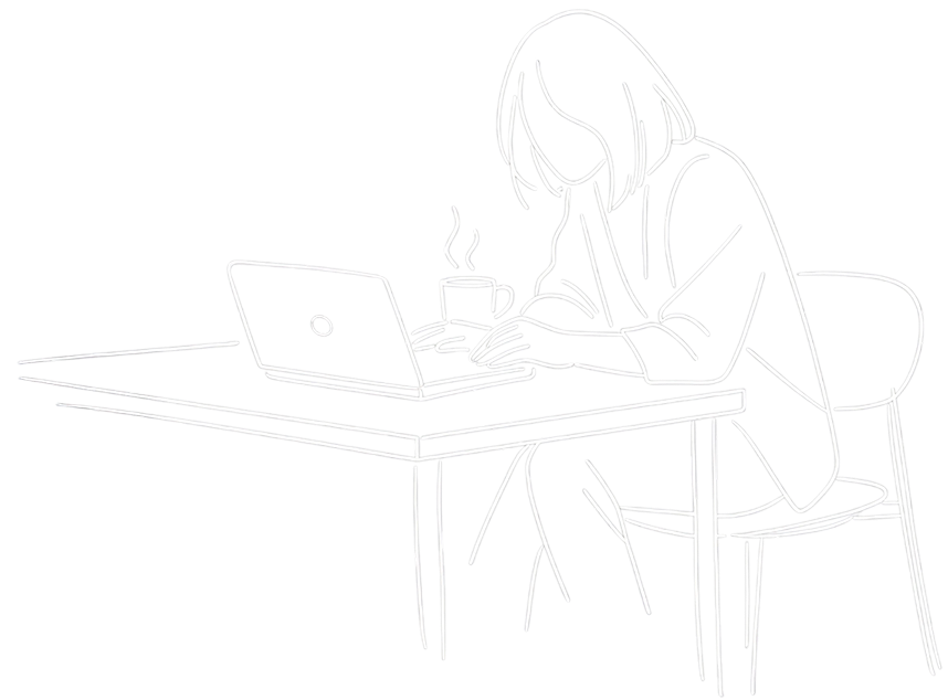 Line art illustration of a designer working at a desk with a laptop