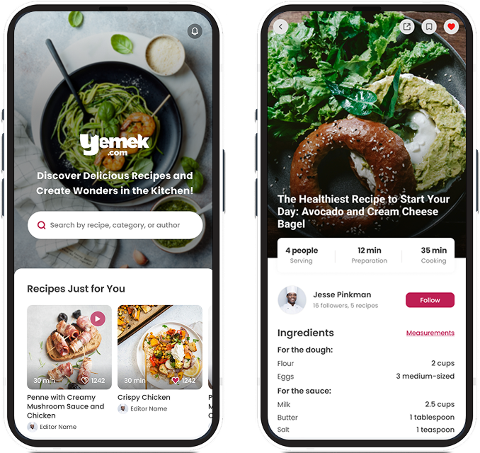 Yemek.com Recipe App - Mobile interfaces showing recipe discovery and detailed recipe views
