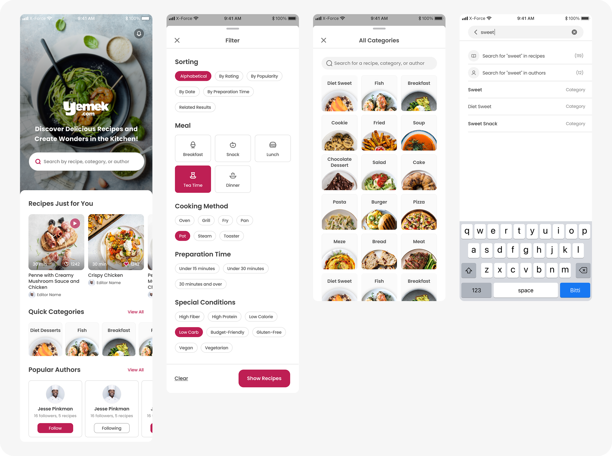 Home page and search functionality with filtering options