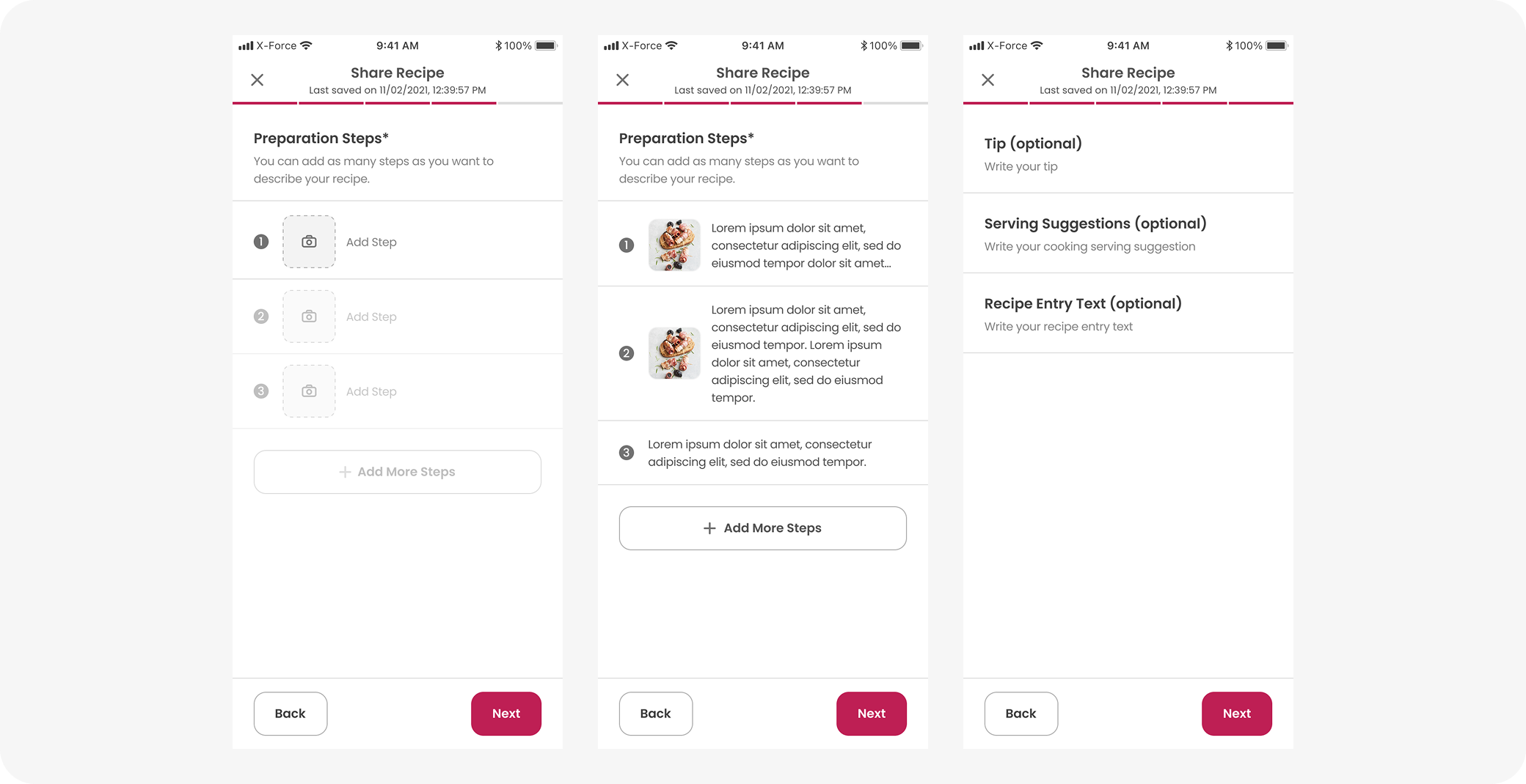 Recipe creation workflow with step-by-step guidance