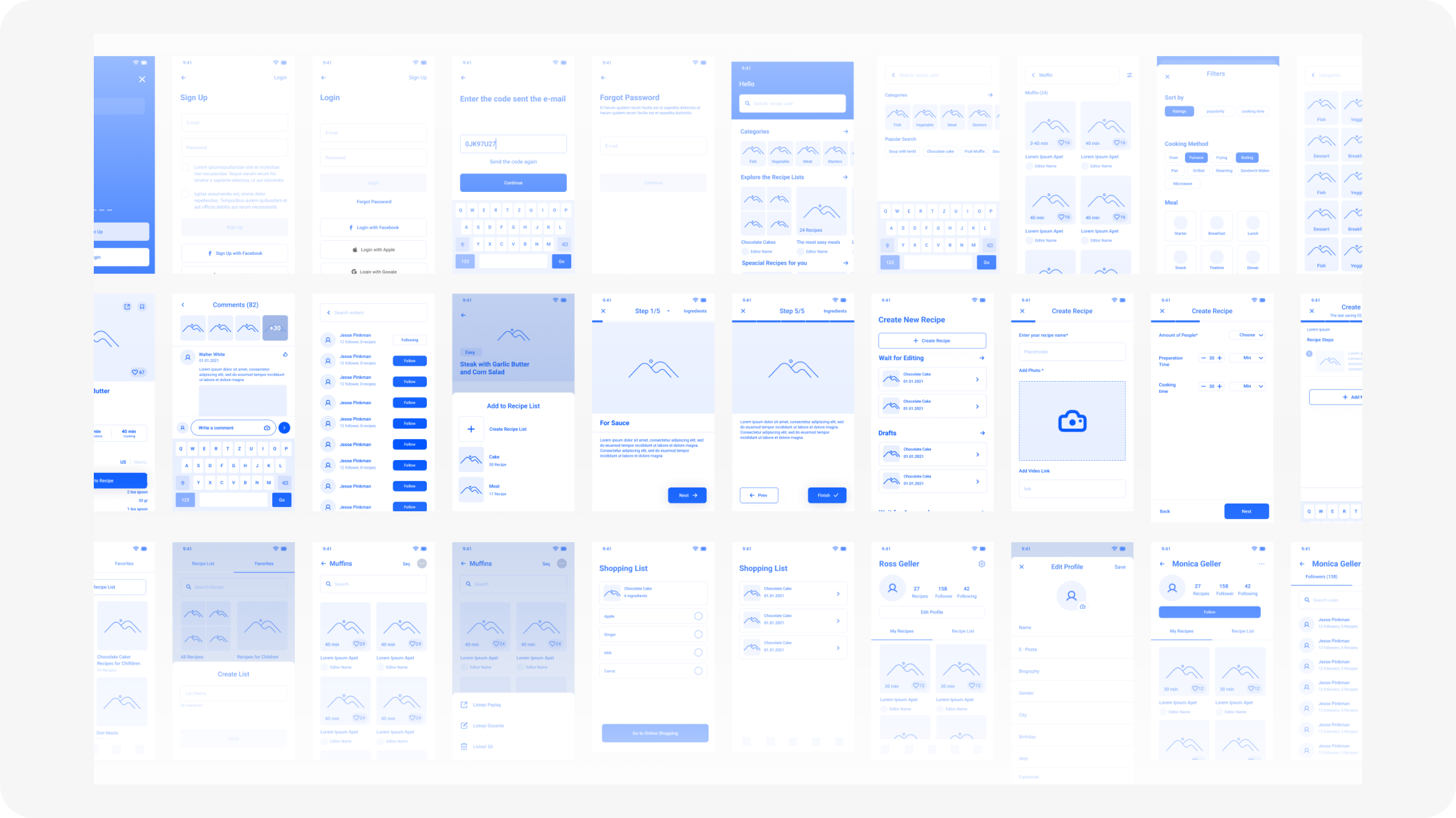 Comprehensive wireframes showing all app screens and user flows